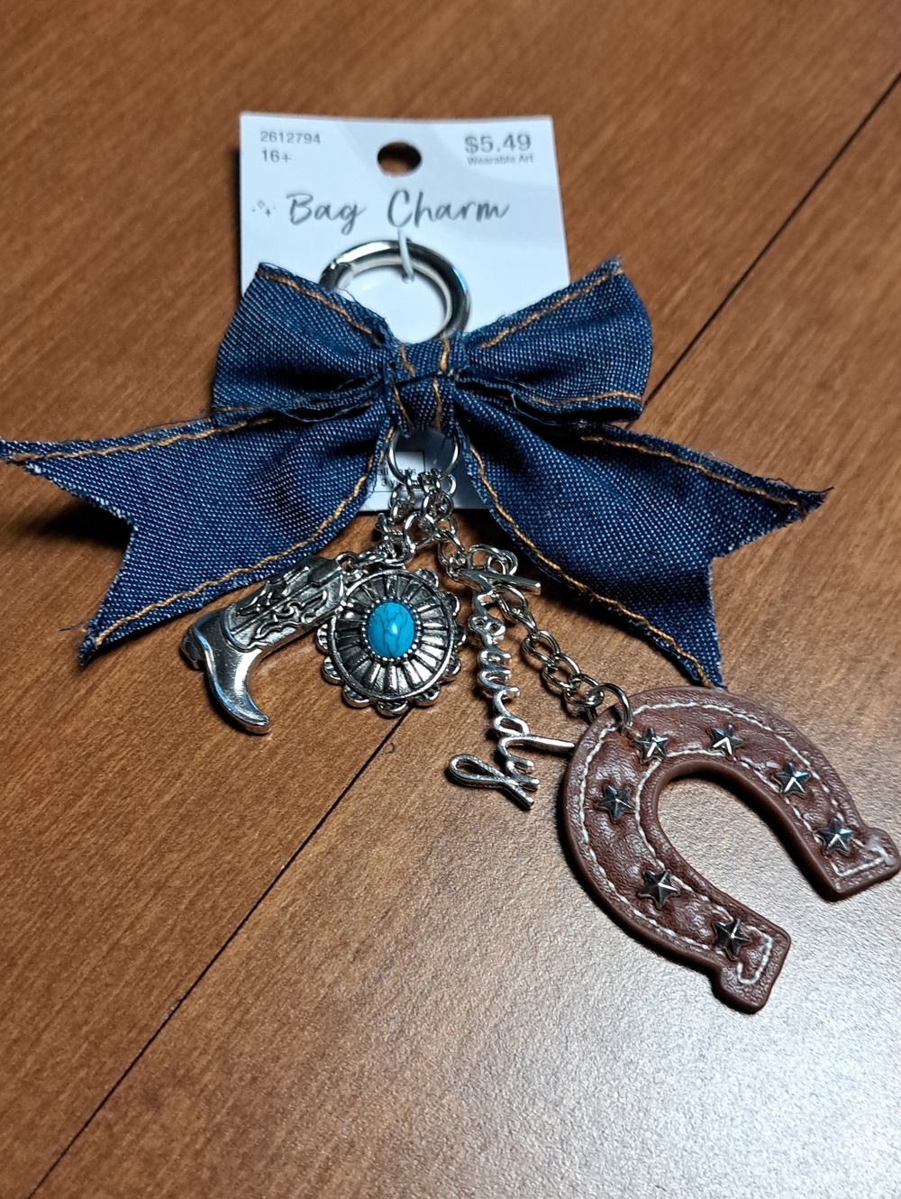 Hobby Lobby Denim Bow Keychain with Western Charms - Blue & Brown